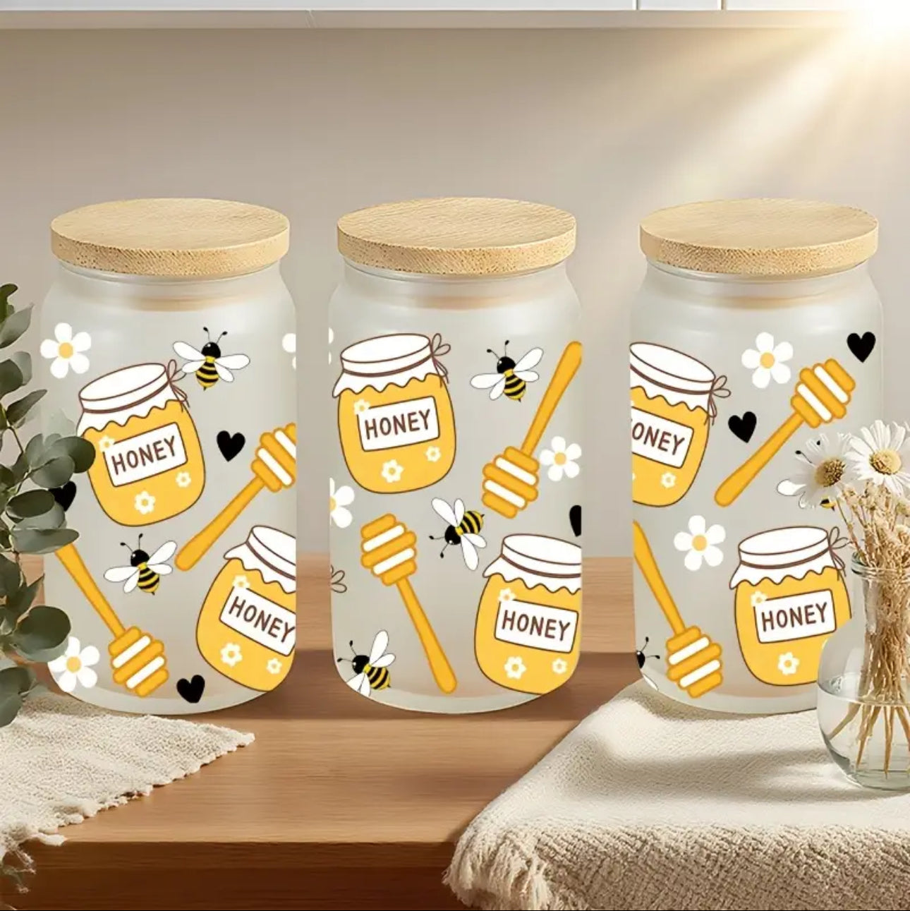 Frosted cup with honey & bee decoration