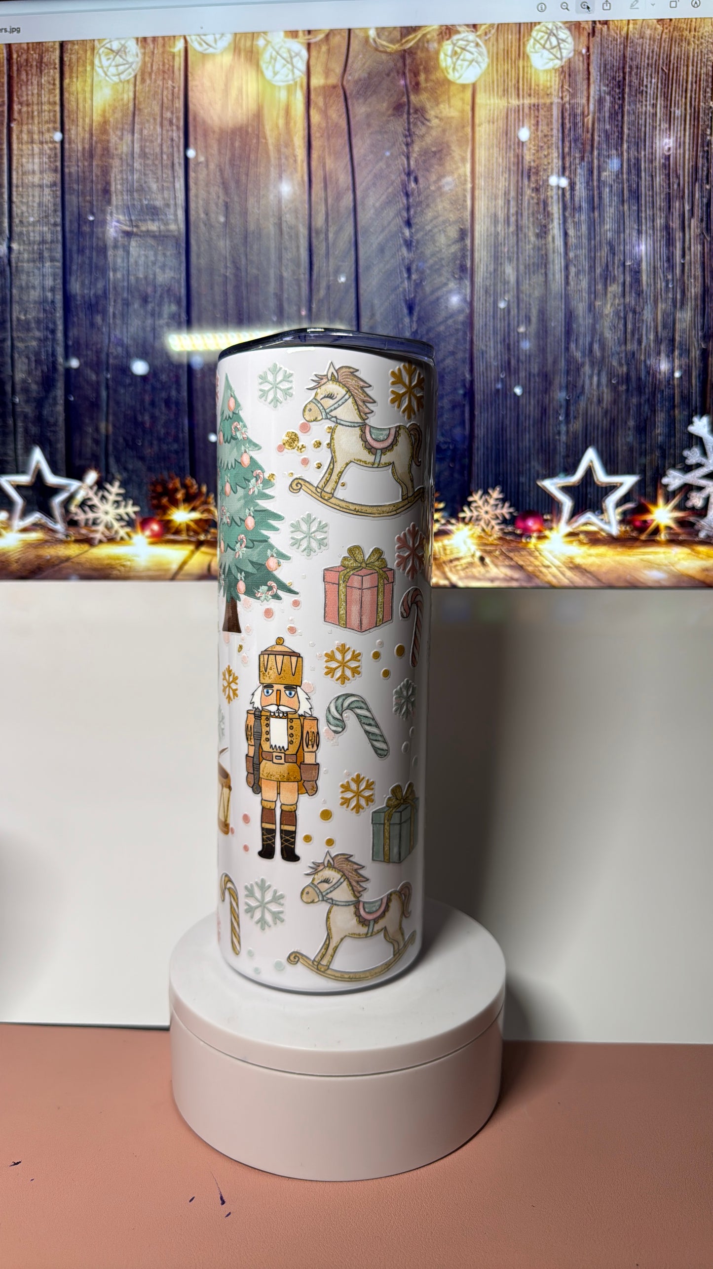 20 oz tumbler with Christmas nutcracker uvdtf design