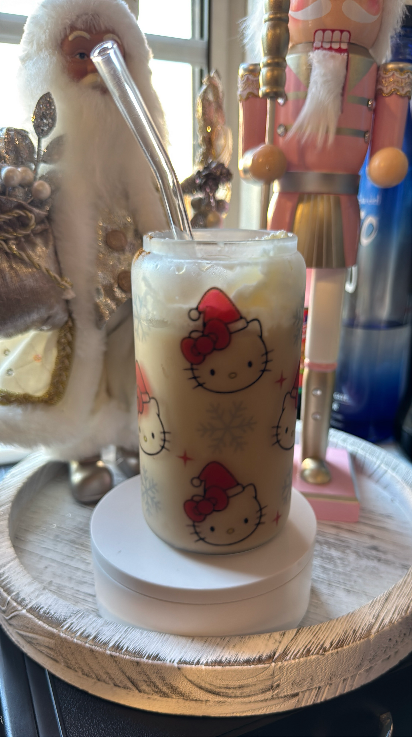 Christmas kitty design sublimated in a frosted glass cup