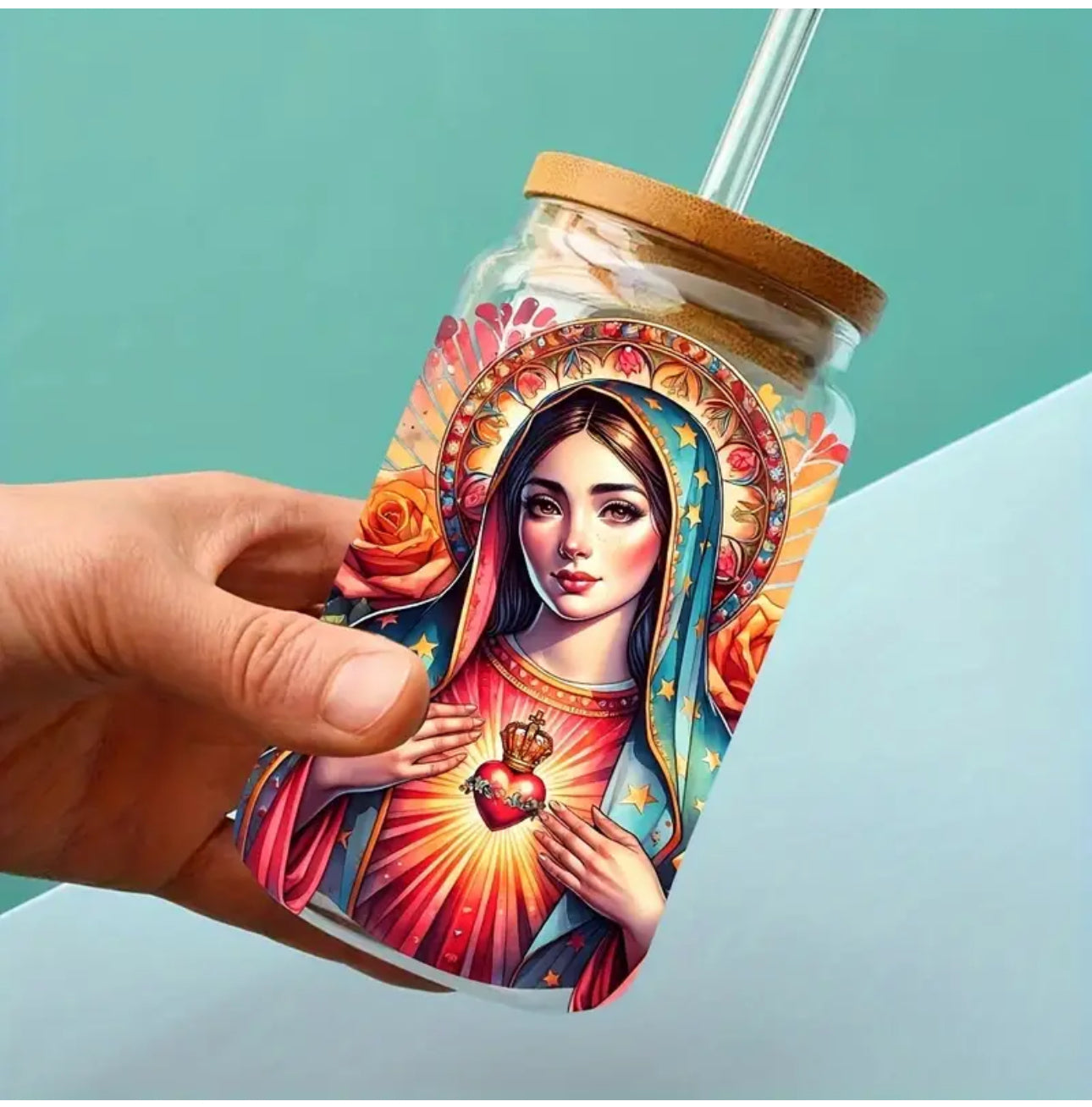 Virgencita uvdtf decals/ sold as a set with a cup of your choice.