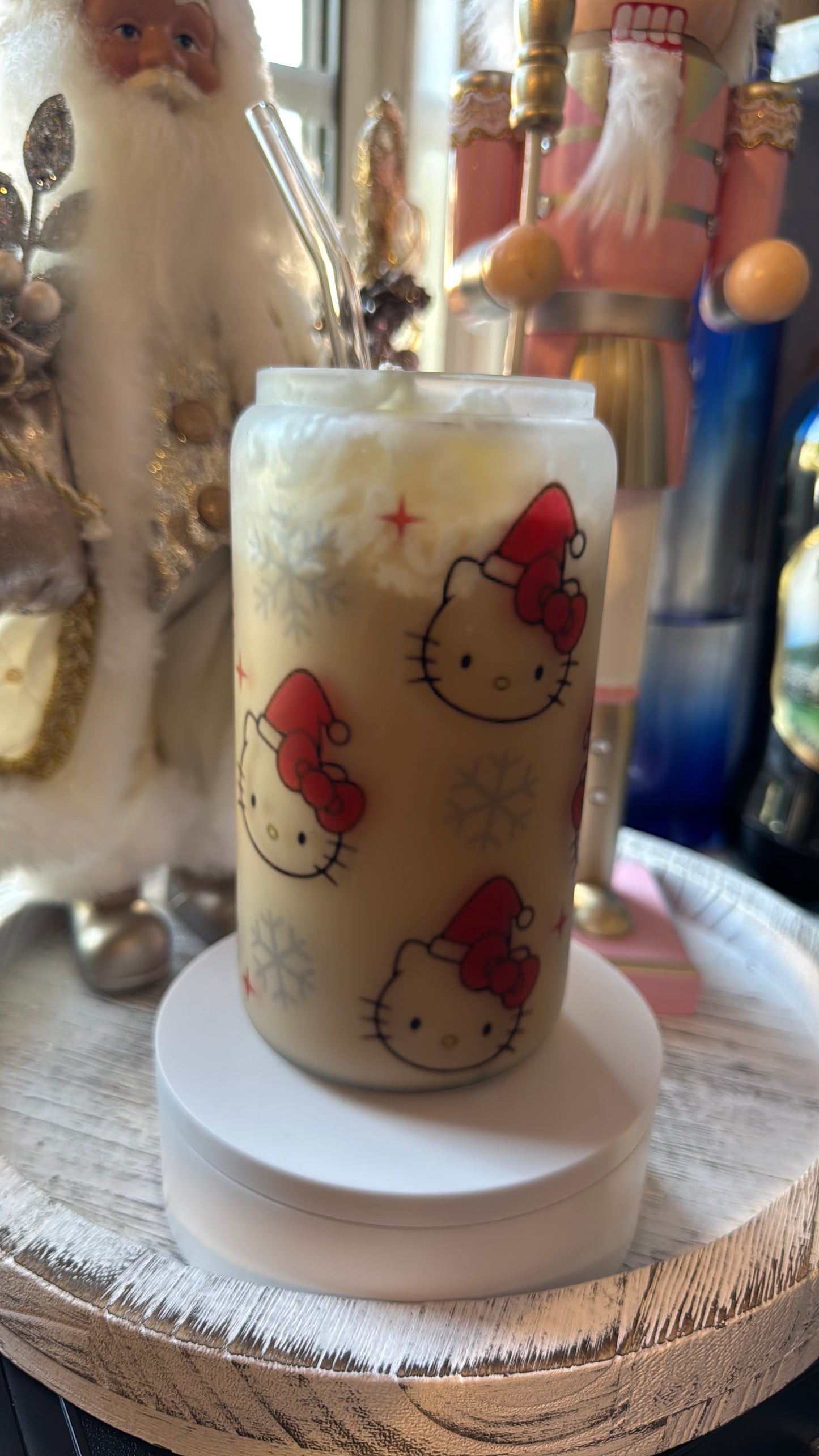 Christmas kitty design sublimated in a frosted glass cup