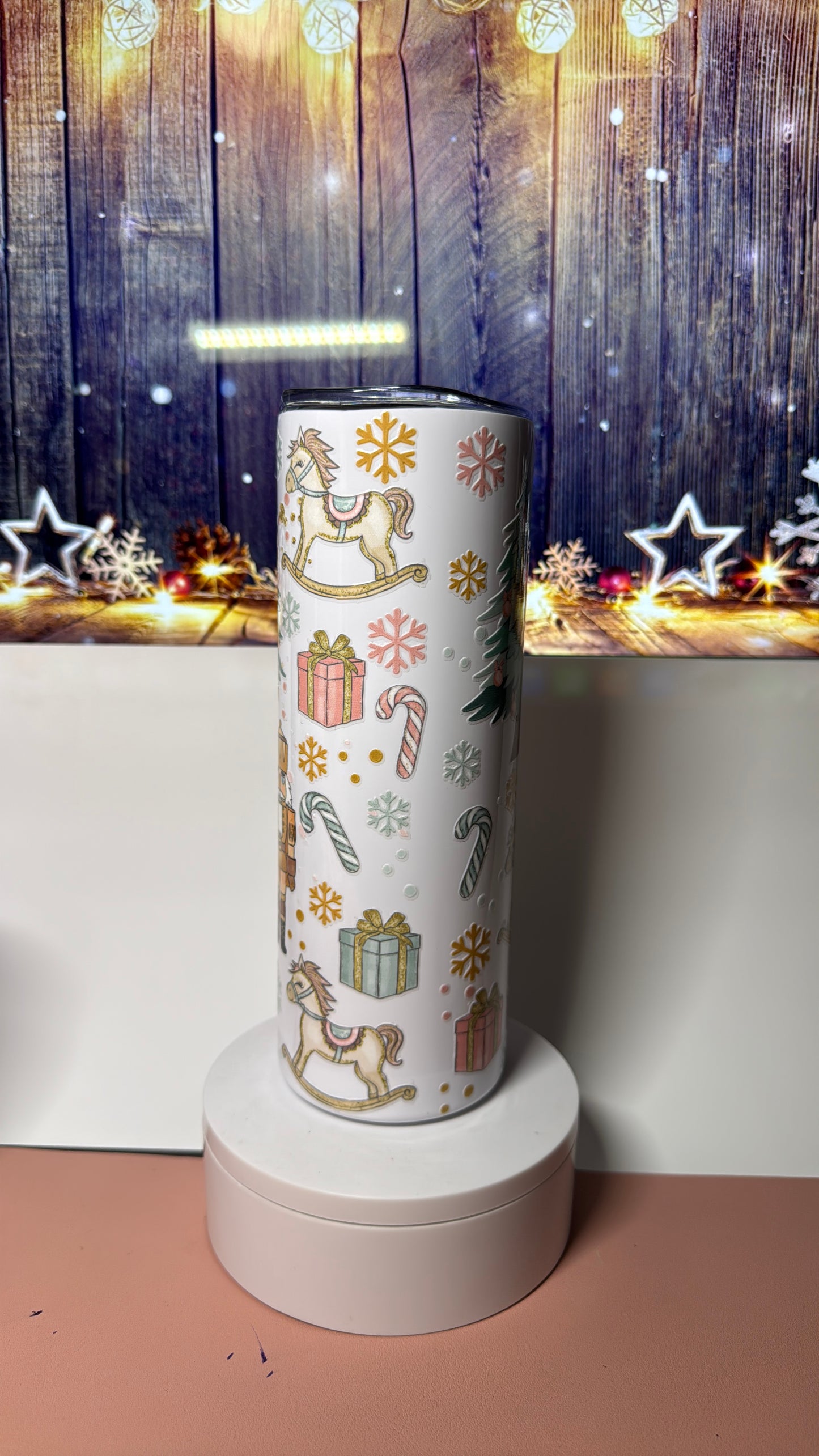 20 oz tumbler with Christmas nutcracker uvdtf design