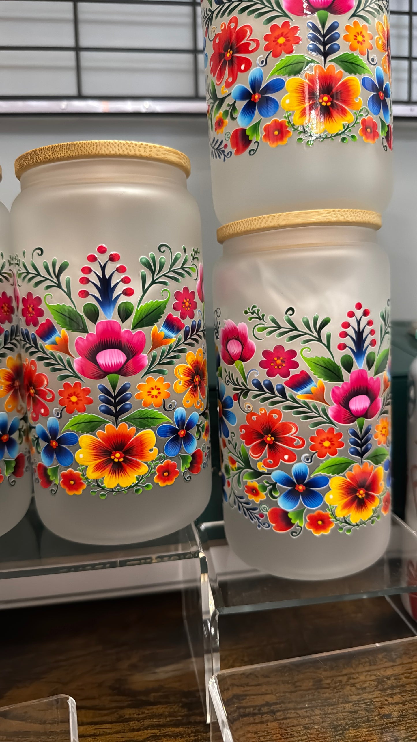 Mexican flowers uvdtf design on a frosted glass cup-