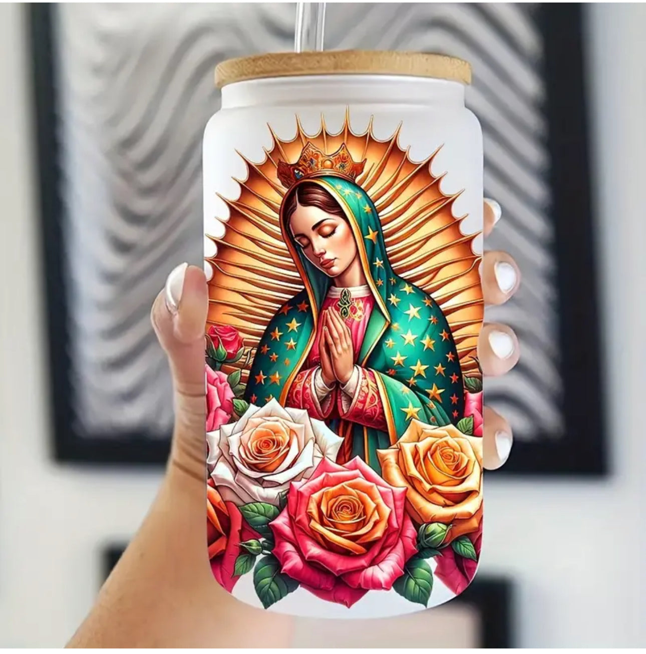 Virgencita uvdtf decals/ sold as a set with a cup of your choice.