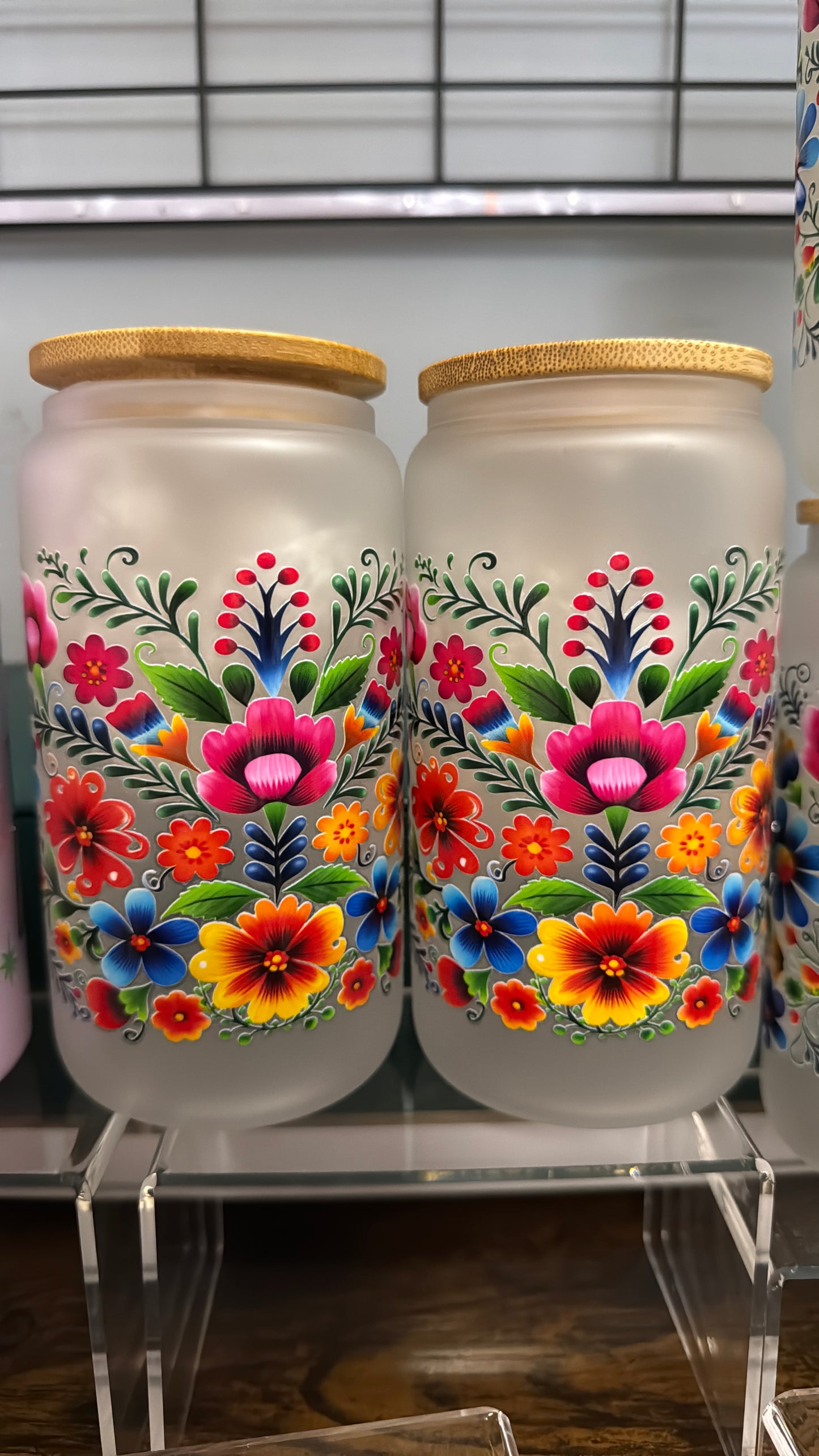 Mexican flowers uvdtf design on a frosted glass cup-