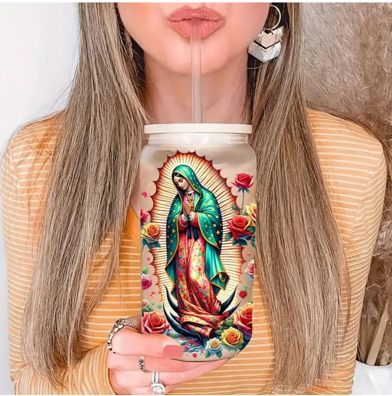 Virgencita uvdtf decals/ sold as a set with a cup of your choice.