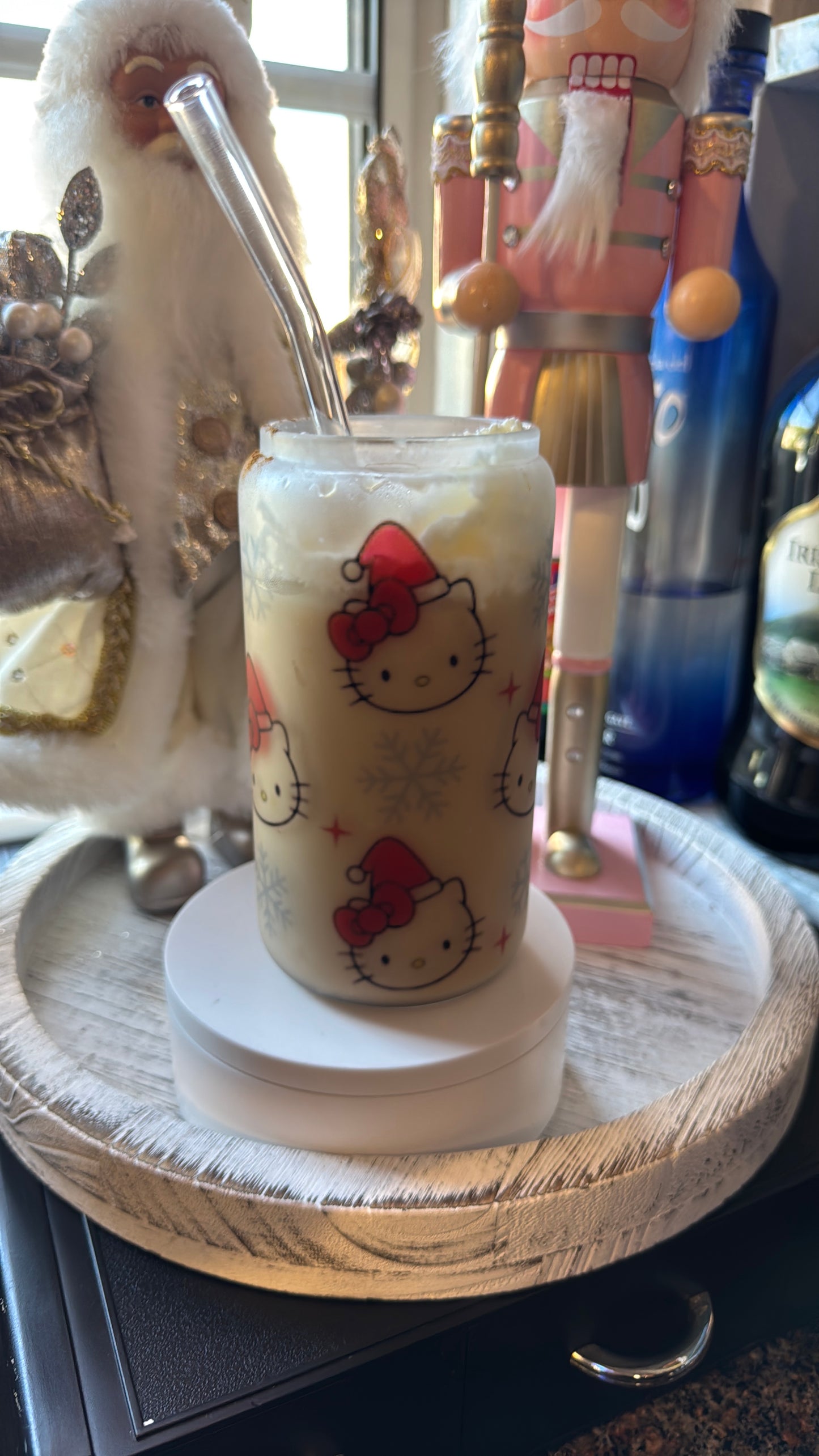 Christmas kitty design sublimated in a frosted glass cup