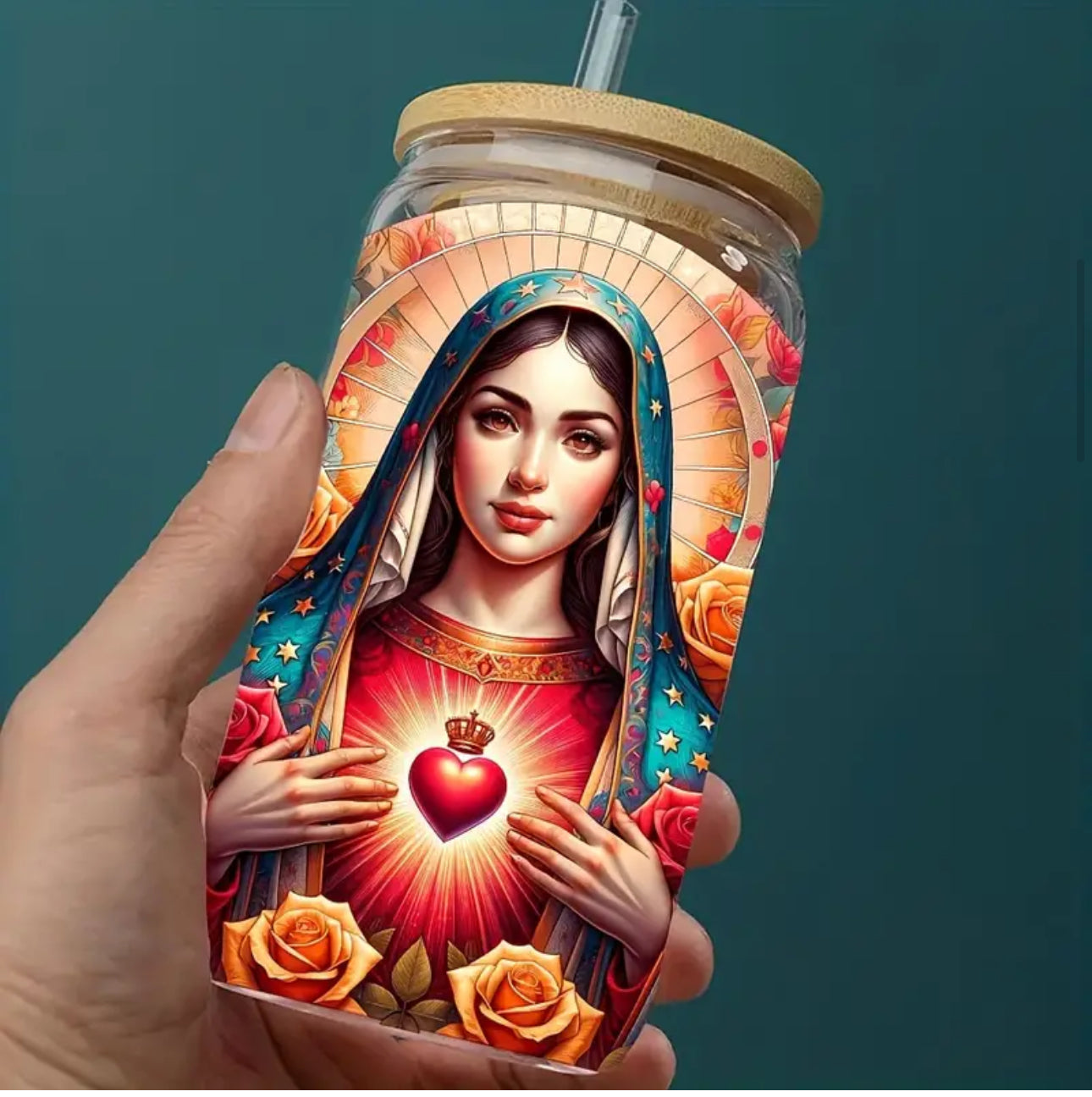 Virgencita uvdtf decals/ sold as a set with a cup of your choice.