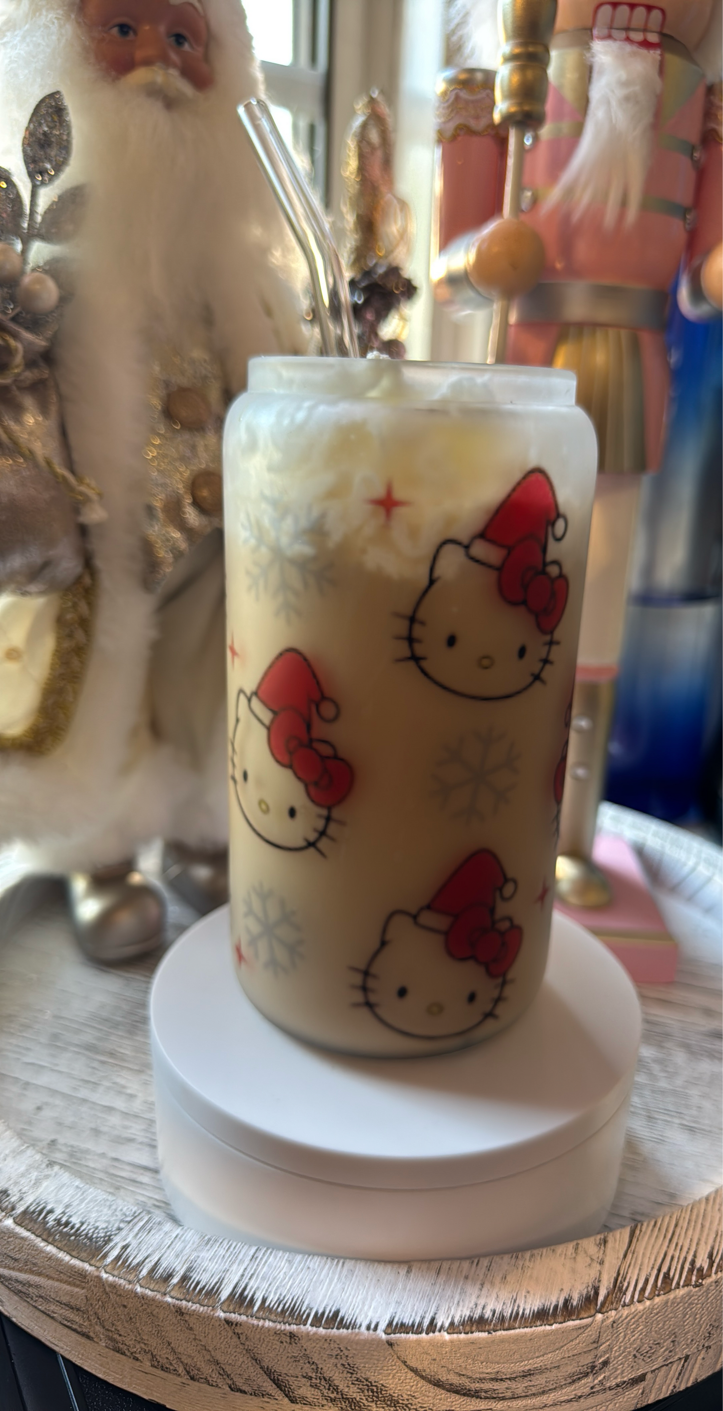 Christmas kitty design sublimated in a frosted glass cup