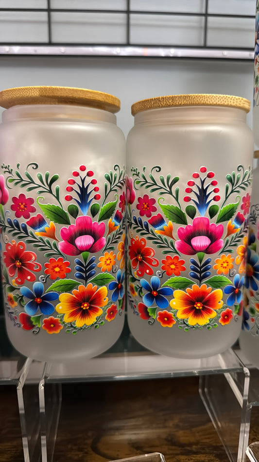 Mexican flowers uvdtf design on a frosted glass cup-